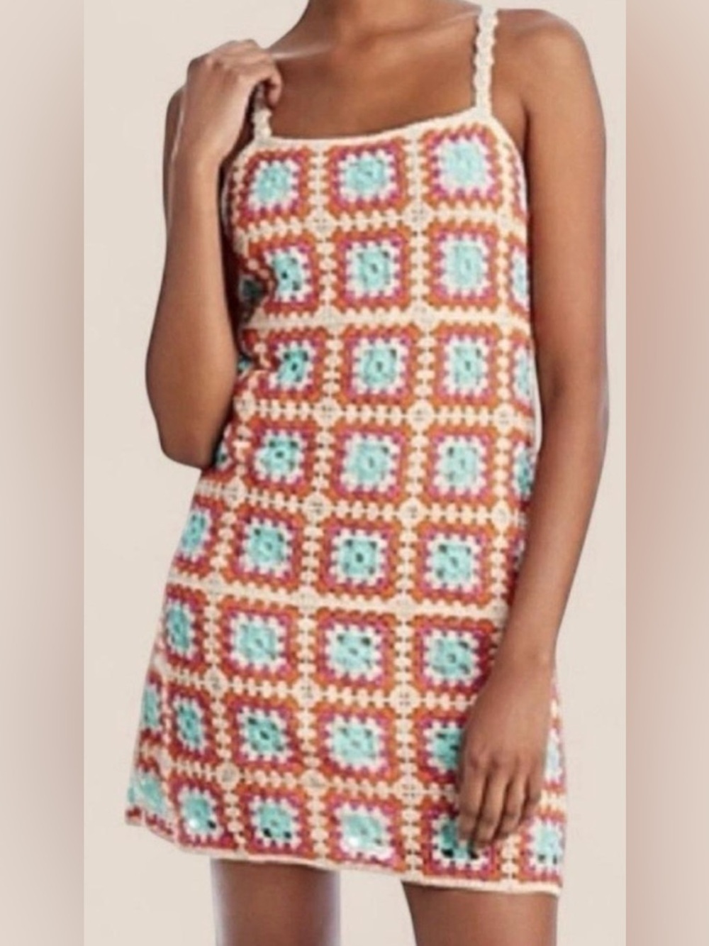 Willow Crochet Square Mini Dress in Aqua and Rust